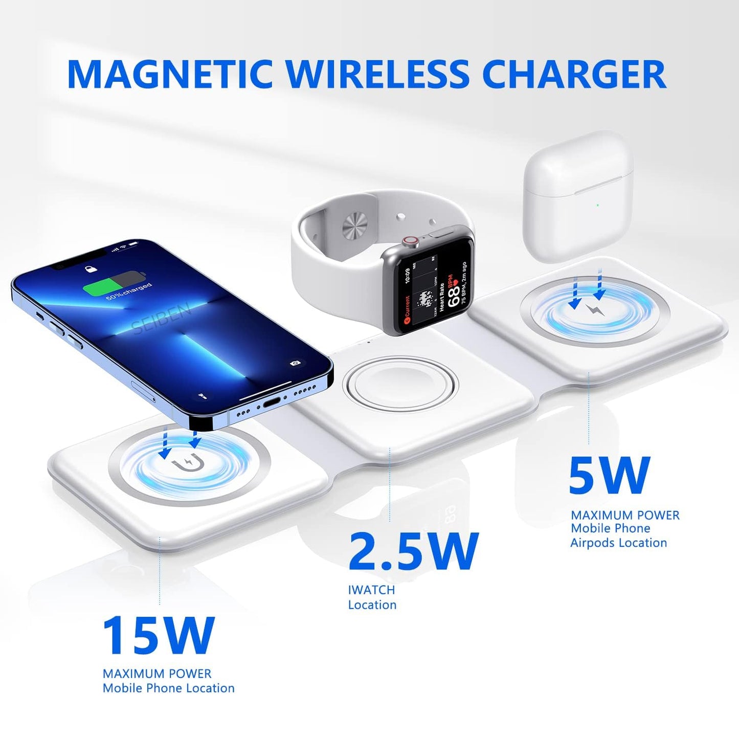 3 in 1 Foldable MagSafe Wireless Charger for iPhone, AirPods and Apple Watch